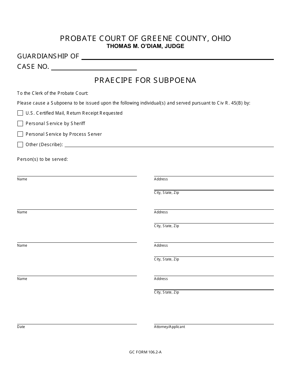 GC Form 106.2-A Praecipe for Subpoena - Guardianship - Greene County, Ohio, Page 1