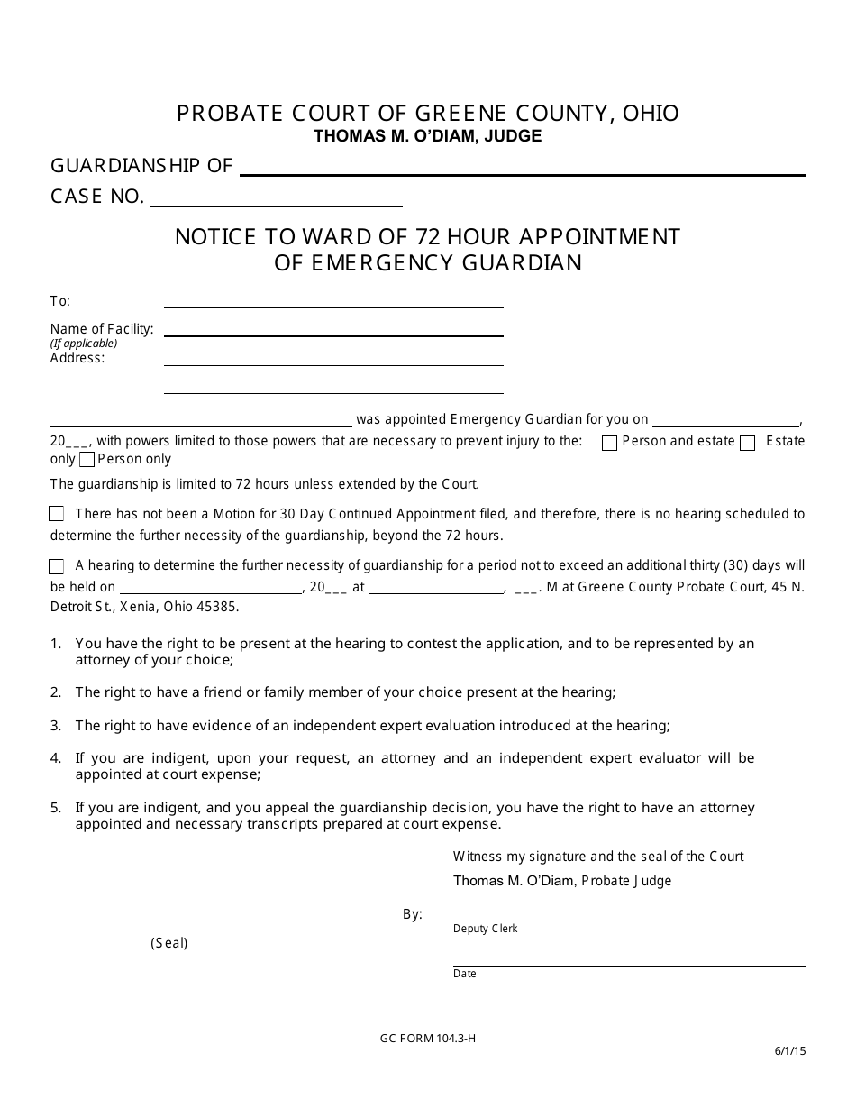 GC Form 104.3-H Notice to Ward of 72 Hour Appointment of Emergency Guardian - Greene County, Ohio, Page 1