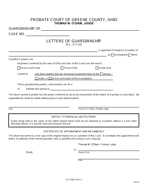 GC Form 104.3-C Letters of Guardianship - Greene County, Ohio