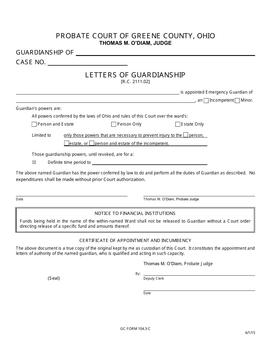 GC Form 104.3-C Letters of Guardianship - Greene County, Ohio, Page 1