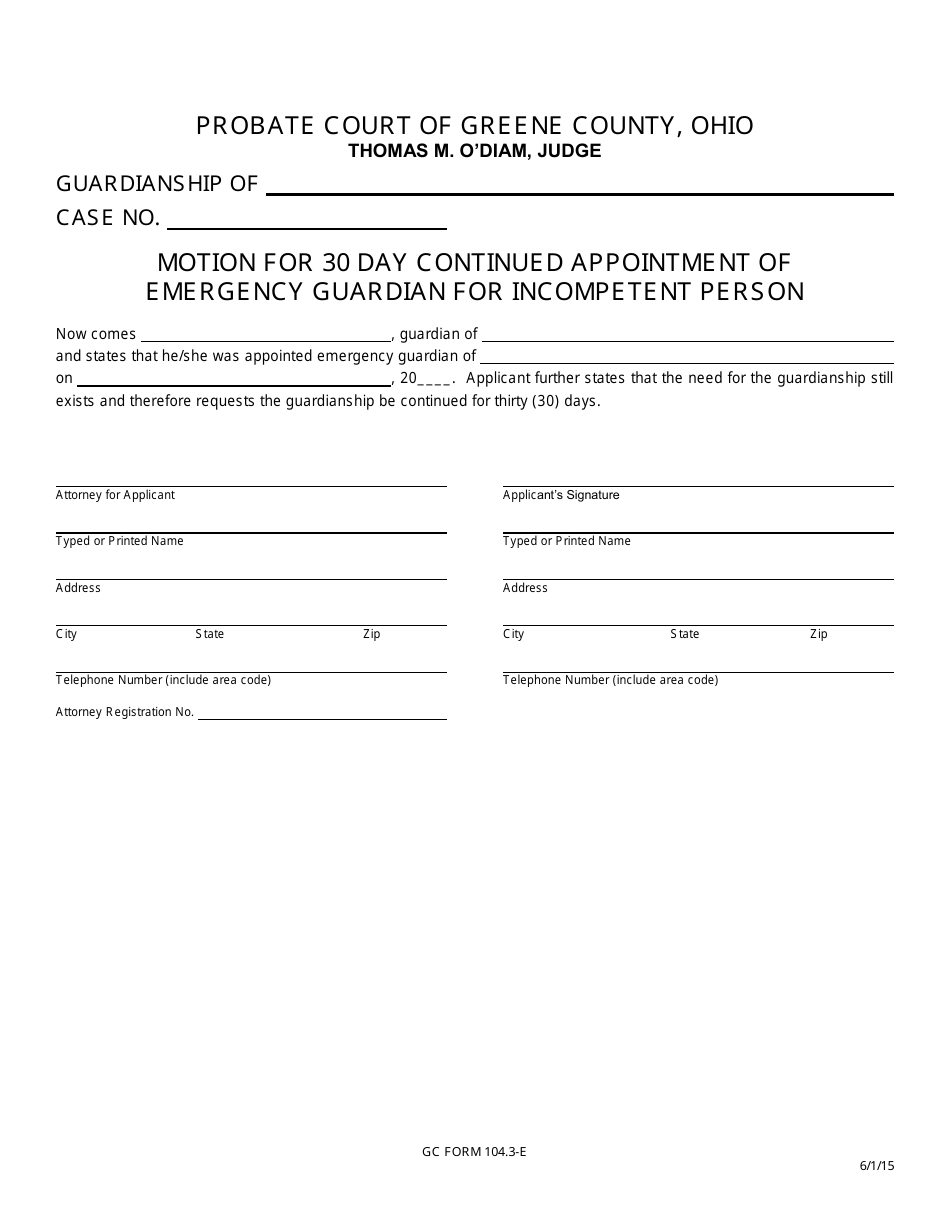 GC Form 104.3-E Motion for 30 Day Continued Appointment of Emergency Guardian for Incompetent Person - Greene County, Ohio, Page 1
