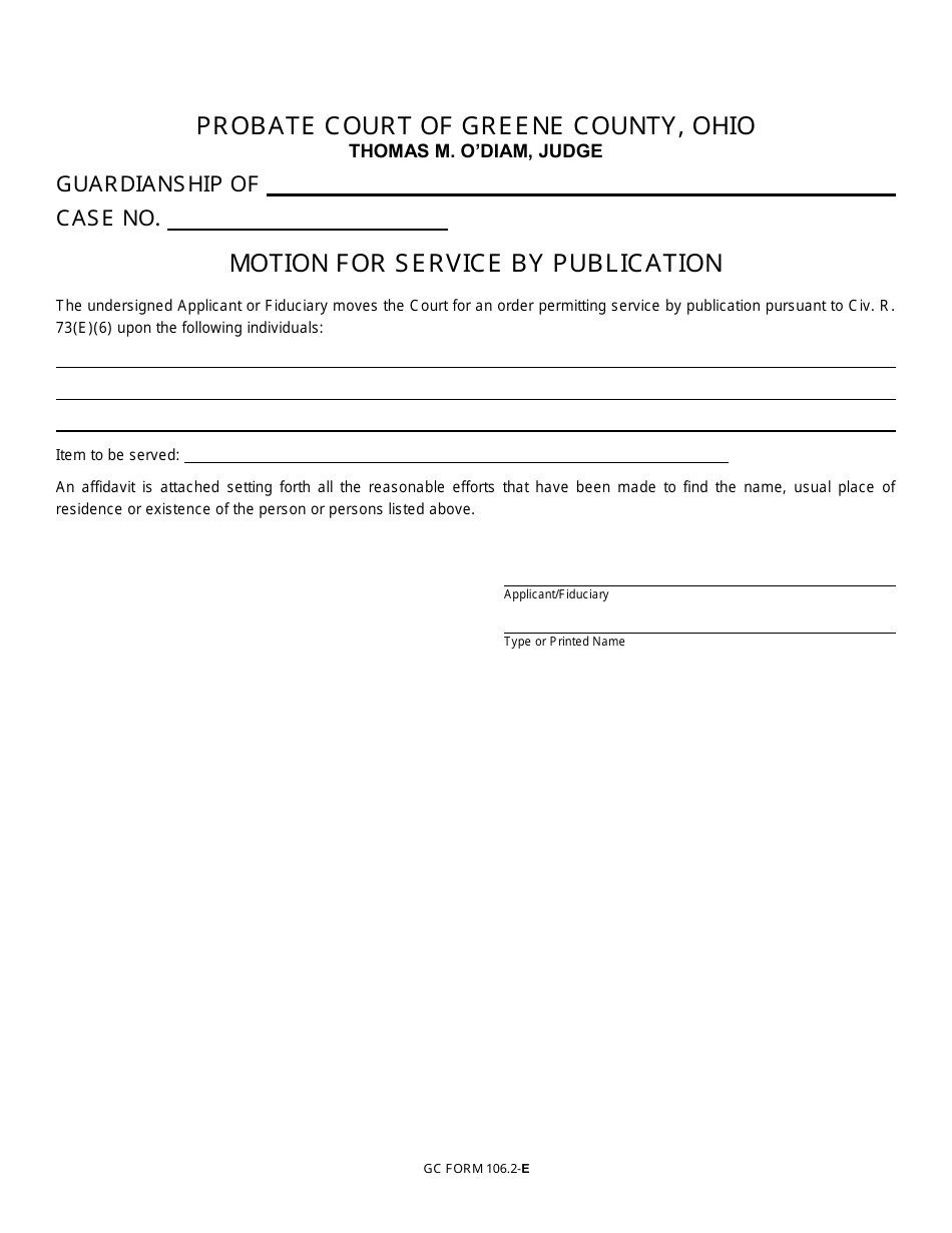 GC Form 106.2-E Motion for Service by Publication - Guardianship - Greene County, Ohio, Page 1