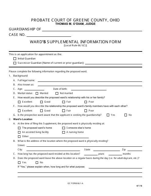 GC Form 66.1-A Ward's Supplemental Information Form - Guardianship - Greene County, Ohio