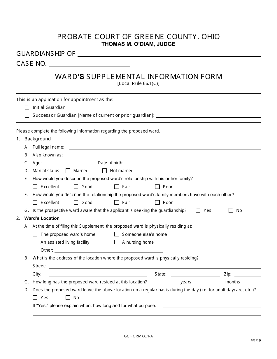 GC Form 66.1-A Wards Supplemental Information Form - Guardianship - Greene County, Ohio, Page 1