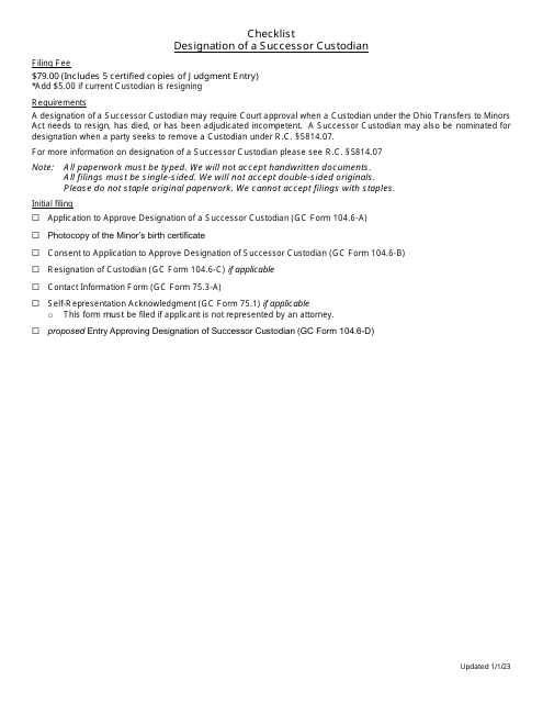Checklist for Designation of a Successor Custodian - Greene County, Ohio Download Pdf