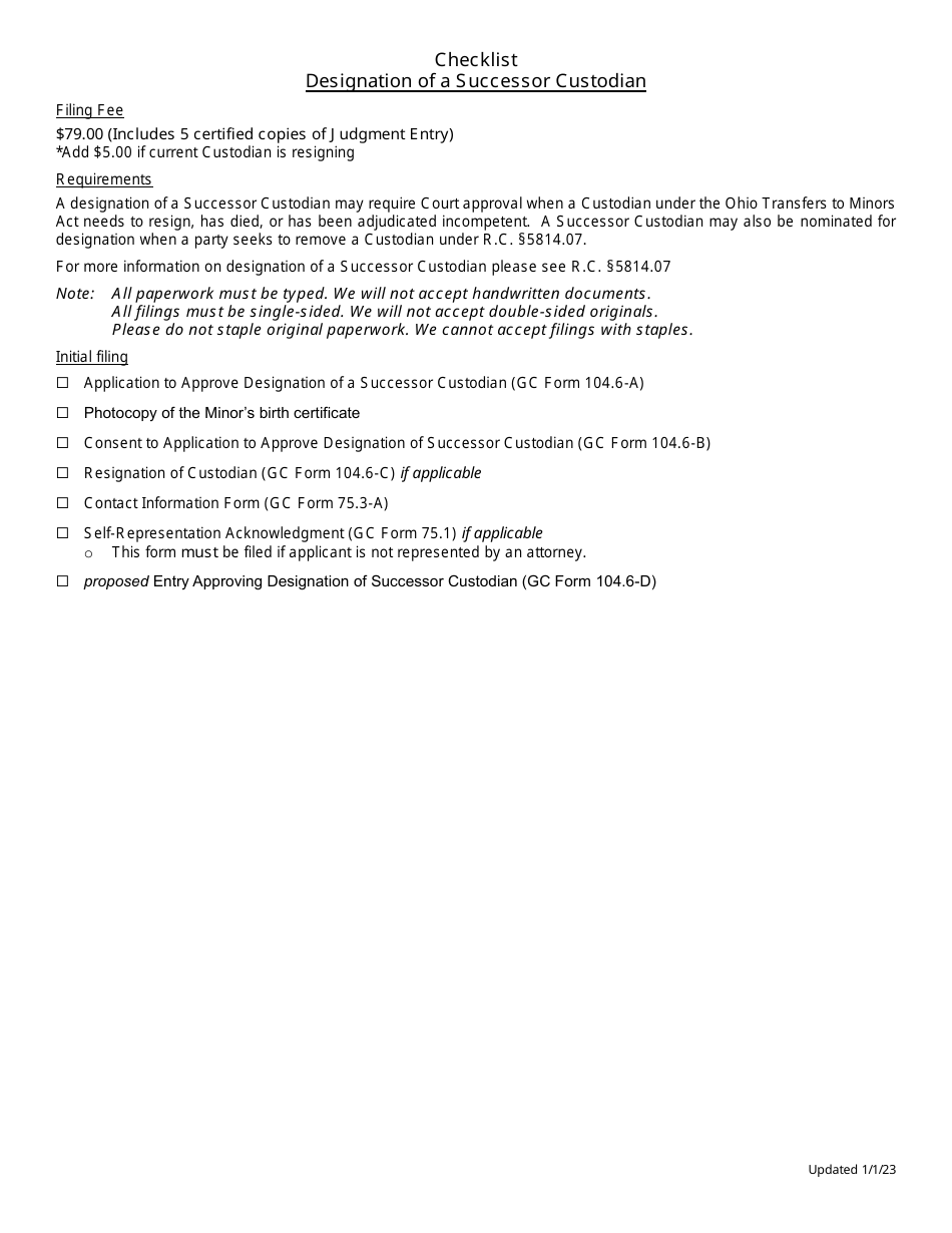 Checklist for Designation of a Successor Custodian - Greene County, Ohio, Page 1