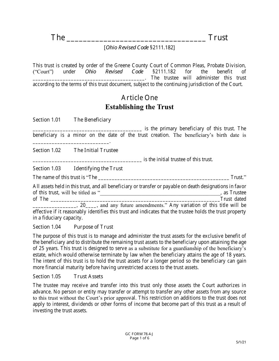 GC Form 78.4-J Trust Agreement - Greene County, Ohio, Page 1