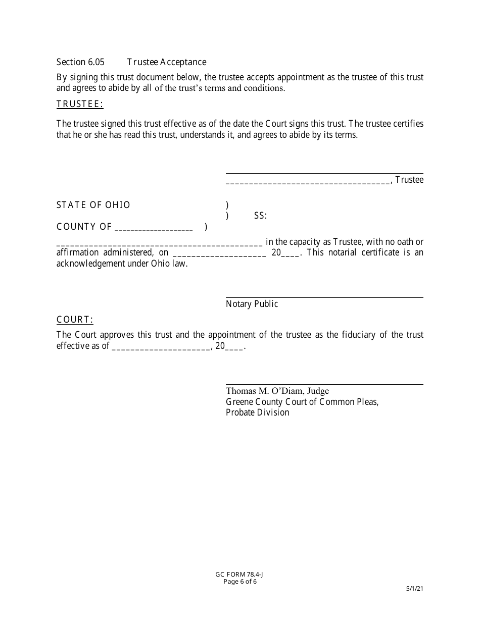 GC Form 78.4-J Trust Agreement - Greene County, Ohio, Page 6
