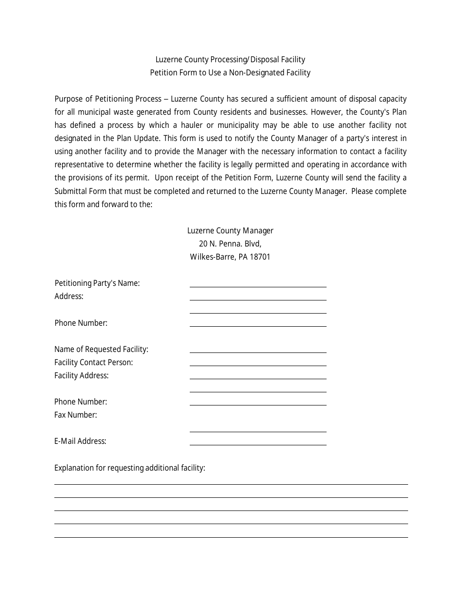 Petition Form to Use a Non-designated Facility - Luzerne County, Pennsylvania, Page 1