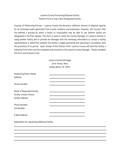 Petition Form to Use a Non-designated Facility - Luzerne County, Pennsylvania