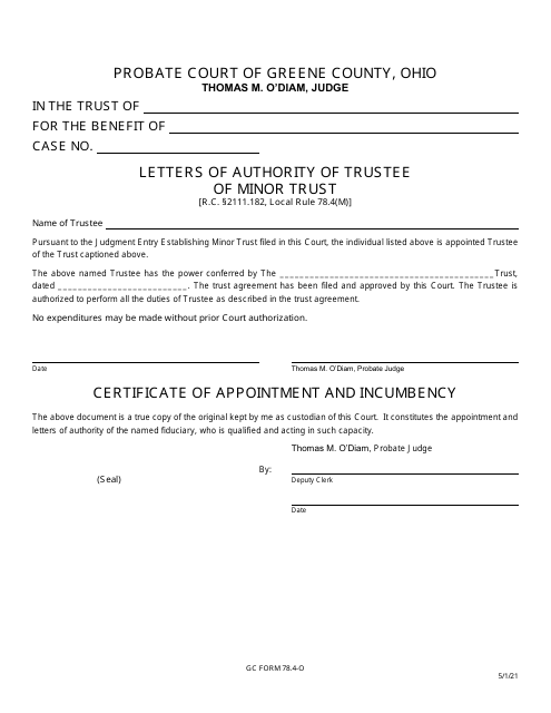 GC Form 78.4-O Letters of Authority of Trustee of Minor Trust - Greene County, Ohio