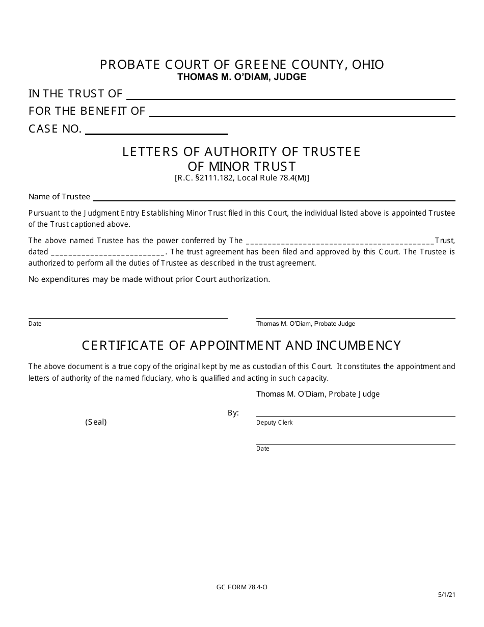 GC Form 78.4-O Letters of Authority of Trustee of Minor Trust - Greene County, Ohio, Page 1