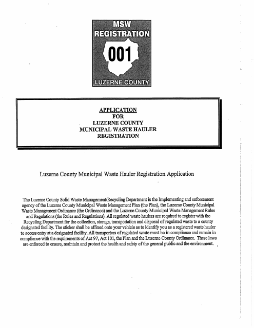 Municipal Waste Hauler Registration Application - Luzerne County, Pennsylvania Download Pdf