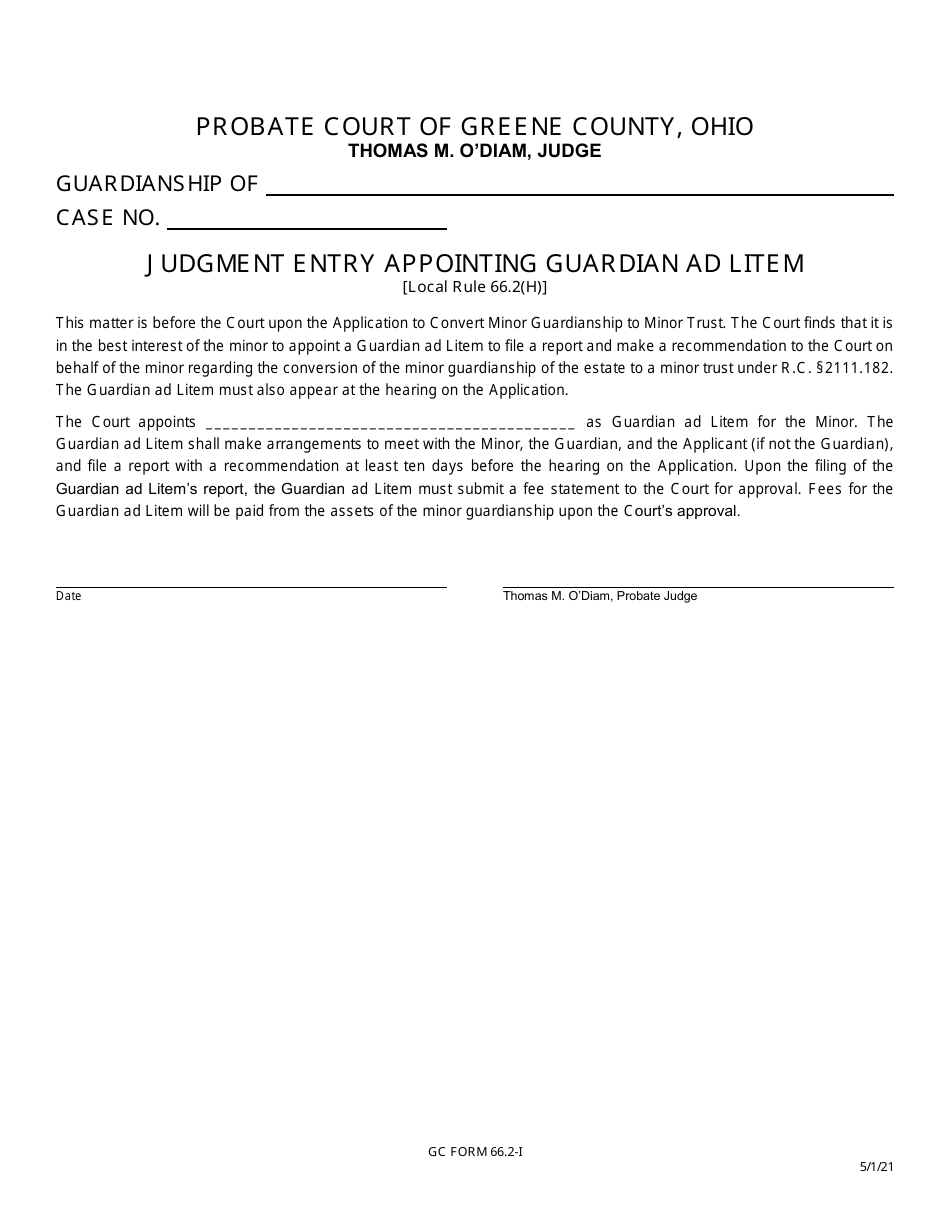 GC Form 66.2-I Judgment Entry Appointing Guardian Ad Litem - Greene County, Ohio, Page 1