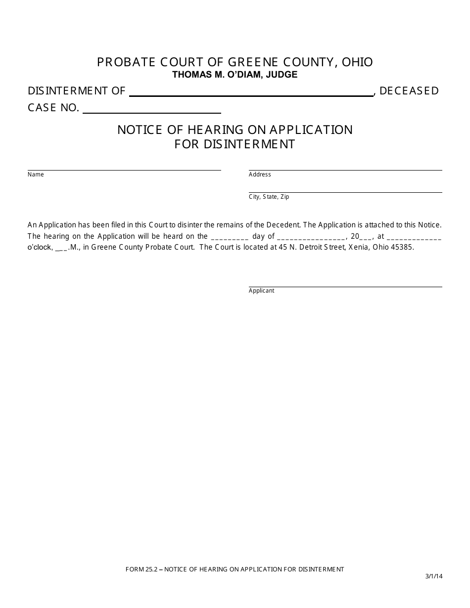 Form 25.2 Notice of Hearing on Application for Disinterment - Greene County, Ohio, Page 1