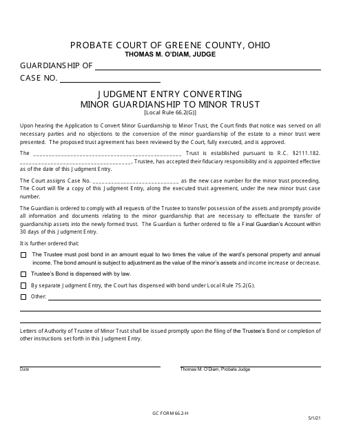 GC Form 66.2-H Judgment Entry Converting Minor Guardianship to Minor Trust - Greene County, Ohio