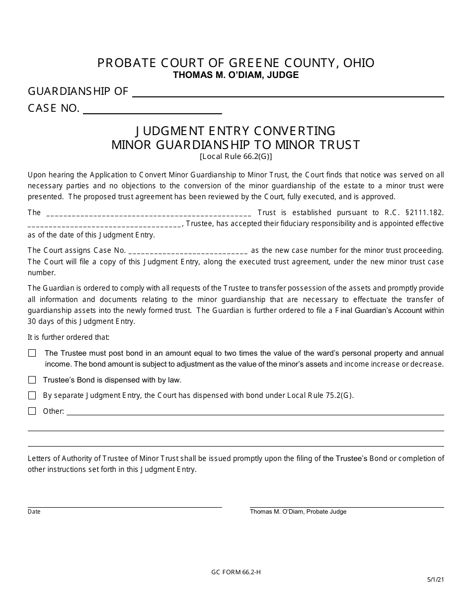 GC Form 66.2-H Judgment Entry Converting Minor Guardianship to Minor Trust - Greene County, Ohio, Page 1