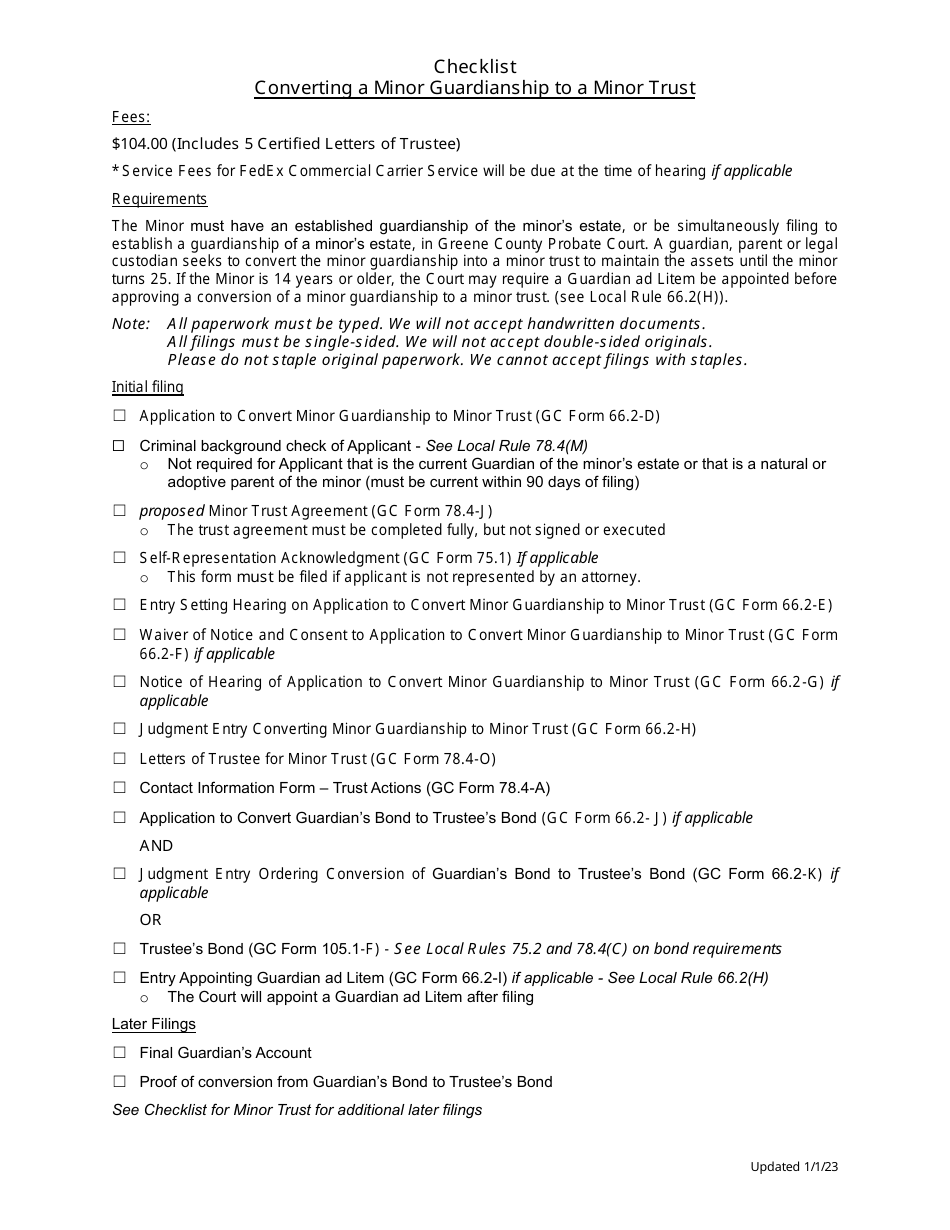 Checklist for Converting a Minor Guardianship to a Minor Trust - Greene County, Ohio, Page 1
