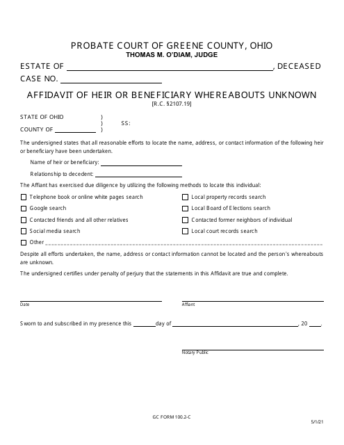 GC Form 100.2-C Affidavit of Heir or Beneficiary Whereabouts Unknown - Greene County, Ohio