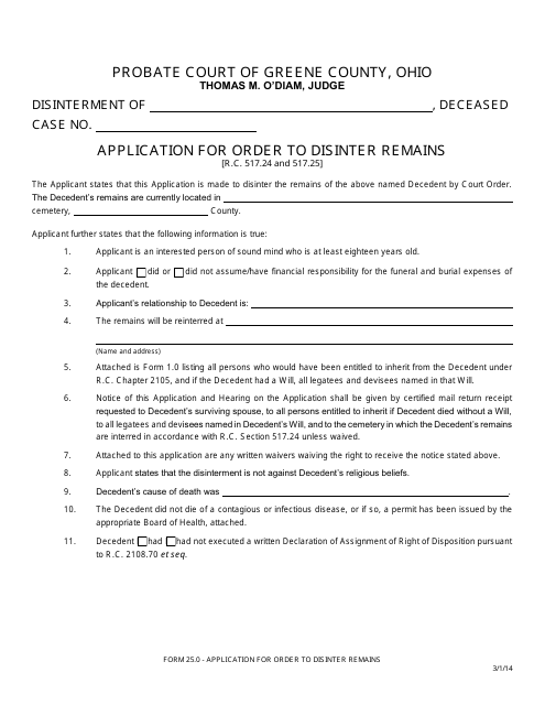 Form 25.0 Application for Order to Disinter Remains - Greene County, Ohio