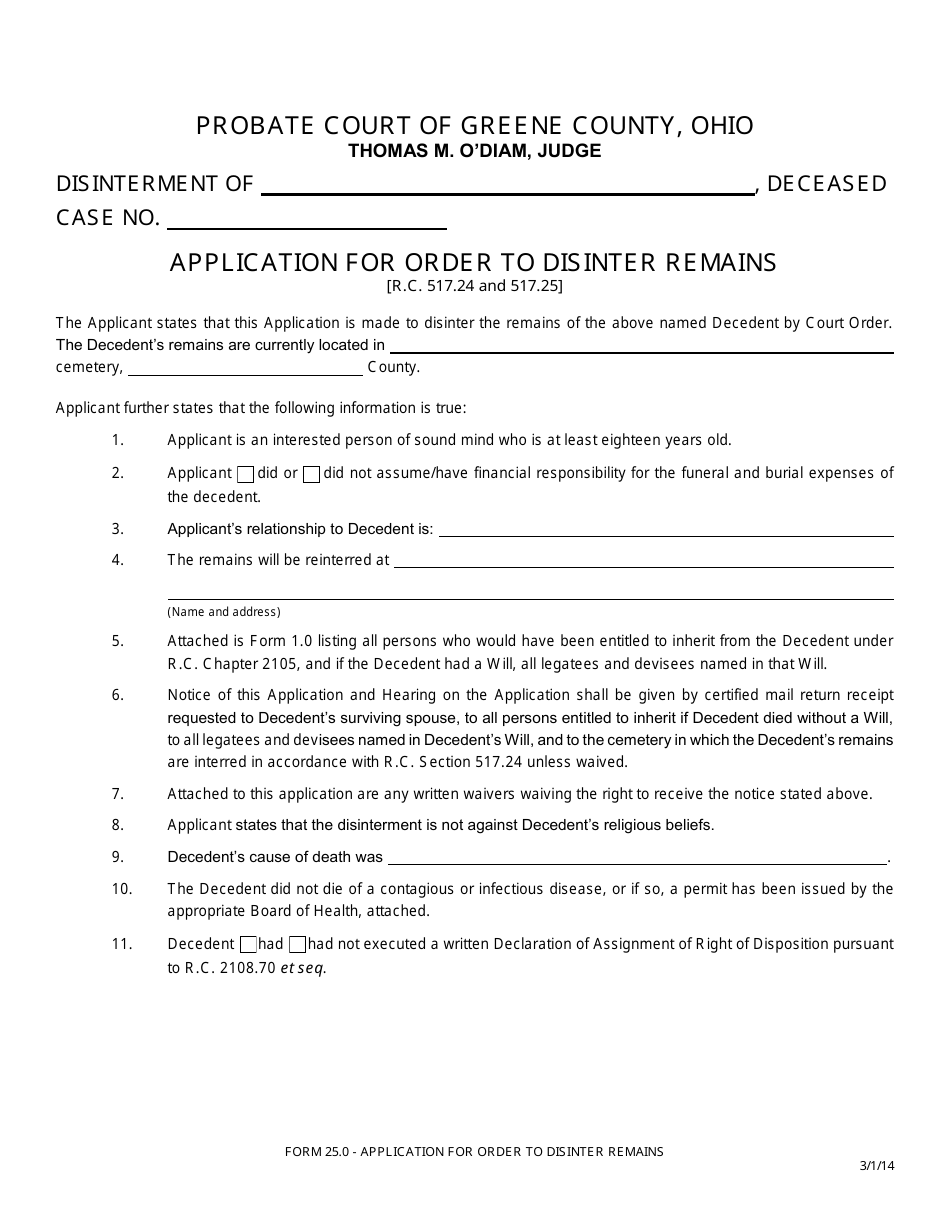Form 25.0 Application for Order to Disinter Remains - Greene County, Ohio, Page 1