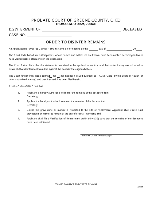Form 25.6 Order to Disinter Remains - Greene County, Ohio