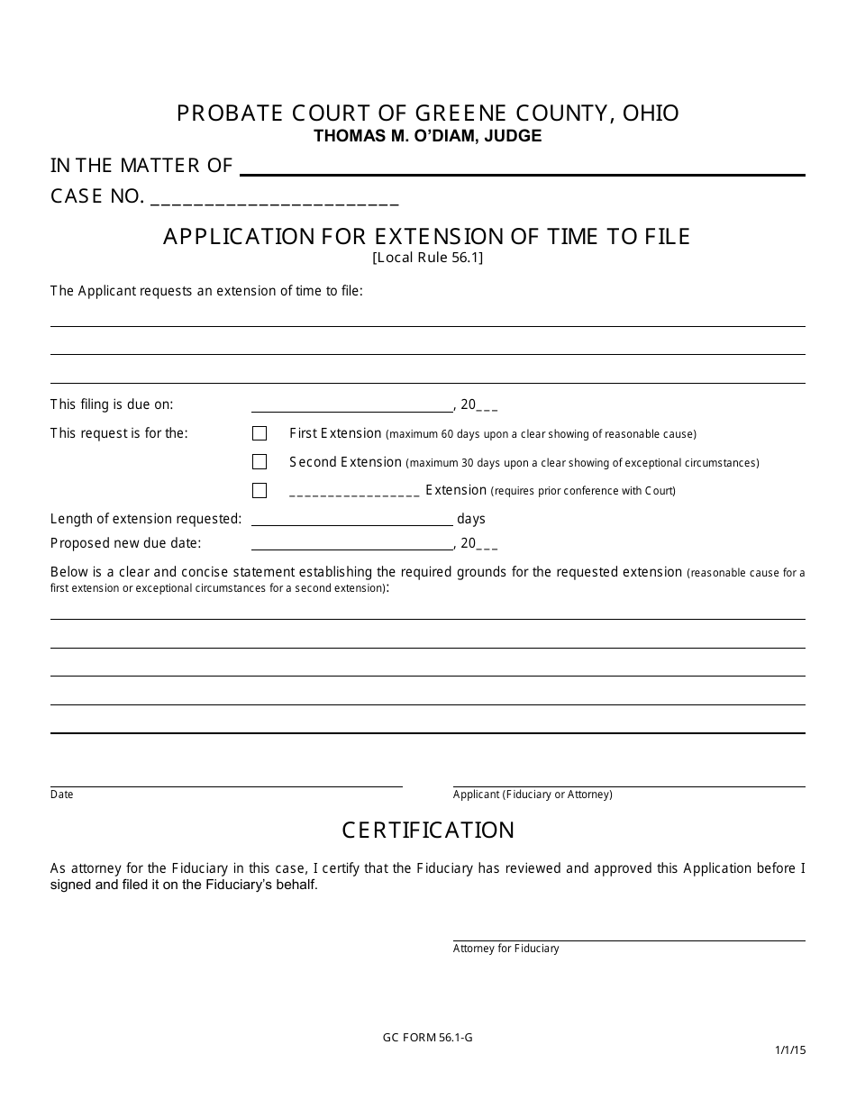 GC Form 56.1-G Application for Extension of Time to File - Greene County, Ohio, Page 1