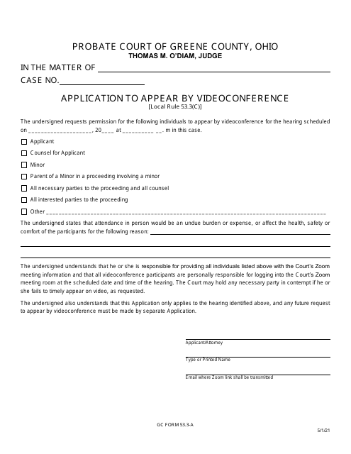 GC Form 53.3-A Application to Appear by Videoconference - Civil/Miscellaneous - Greene County, Ohio