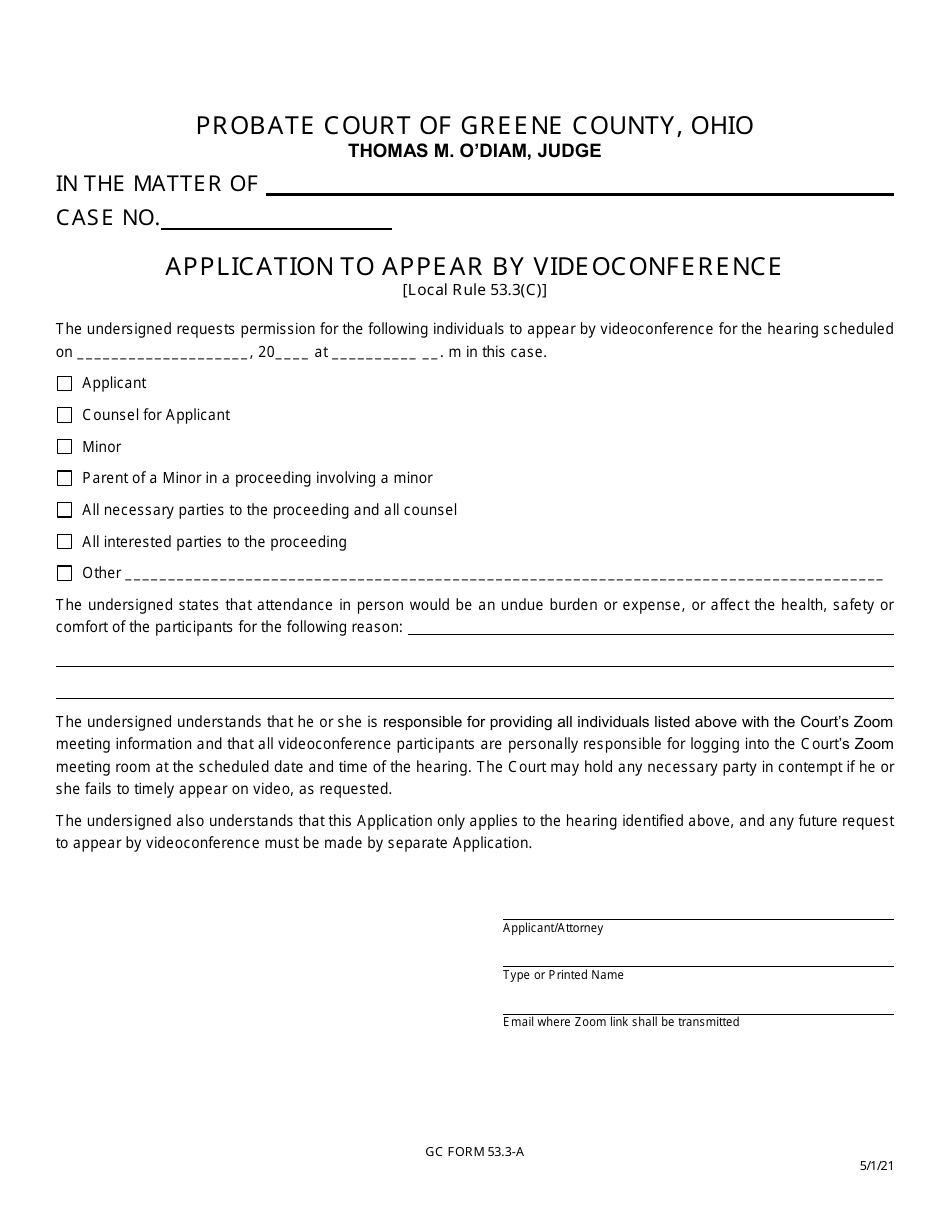 GC Form 53.3-A Application to Appear by Videoconference - Civil / Miscellaneous - Greene County, Ohio, Page 1