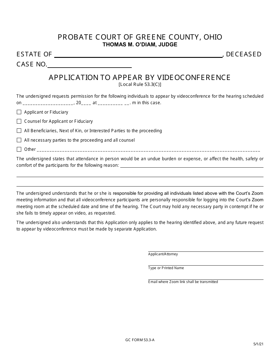 GC Form 53.3-A Application to Appear by Videoconference - Estate Administration - Greene County, Ohio, Page 1