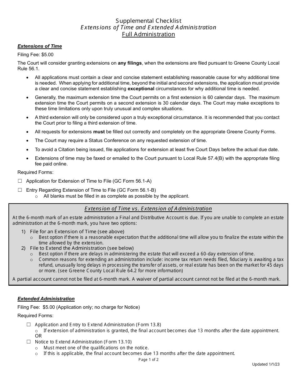 Supplemental Checklist for Extensions of Time and Extended Administration - Full Administration - Greene County, Ohio, Page 1