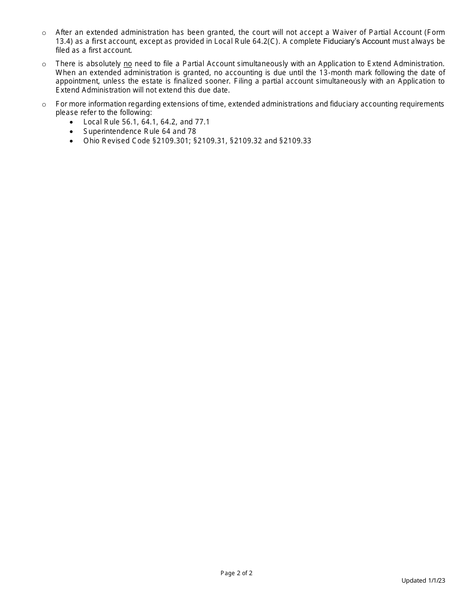 Supplemental Checklist for Extensions of Time and Extended Administration - Full Administration - Greene County, Ohio, Page 2