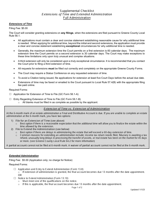 Supplemental Checklist for Extensions of Time and Extended Administration - Full Administration - Greene County, Ohio Download Pdf
