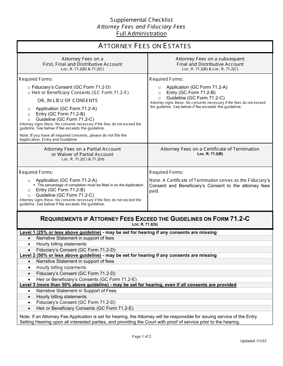 Supplemental Checklist for Attorney Fees and Fiduciary Fees - Full Administration - Greene County, Ohio, Page 1
