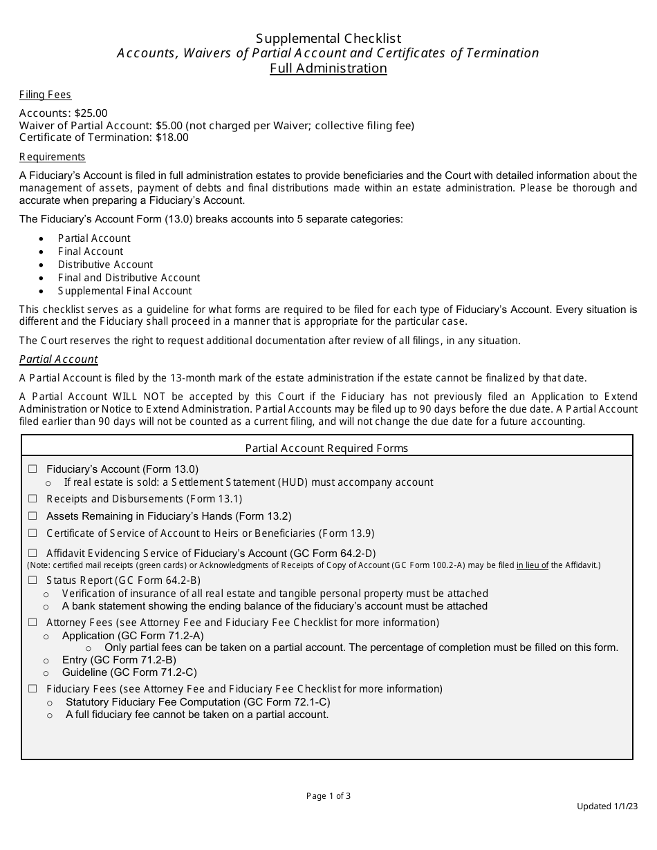 Supplemental Checklist for Accounts, Waivers of Partial Account and Certificates of Termination - Full Administration - Greene County, Ohio, Page 1