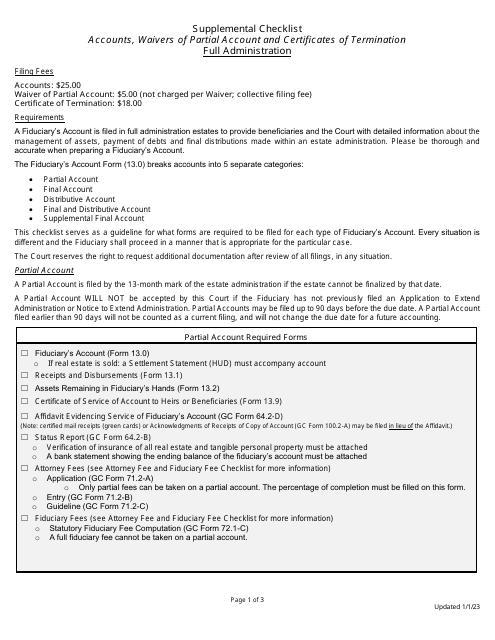 Supplemental Checklist for Accounts, Waivers of Partial Account and Certificates of Termination - Full Administration - Greene County, Ohio Download Pdf