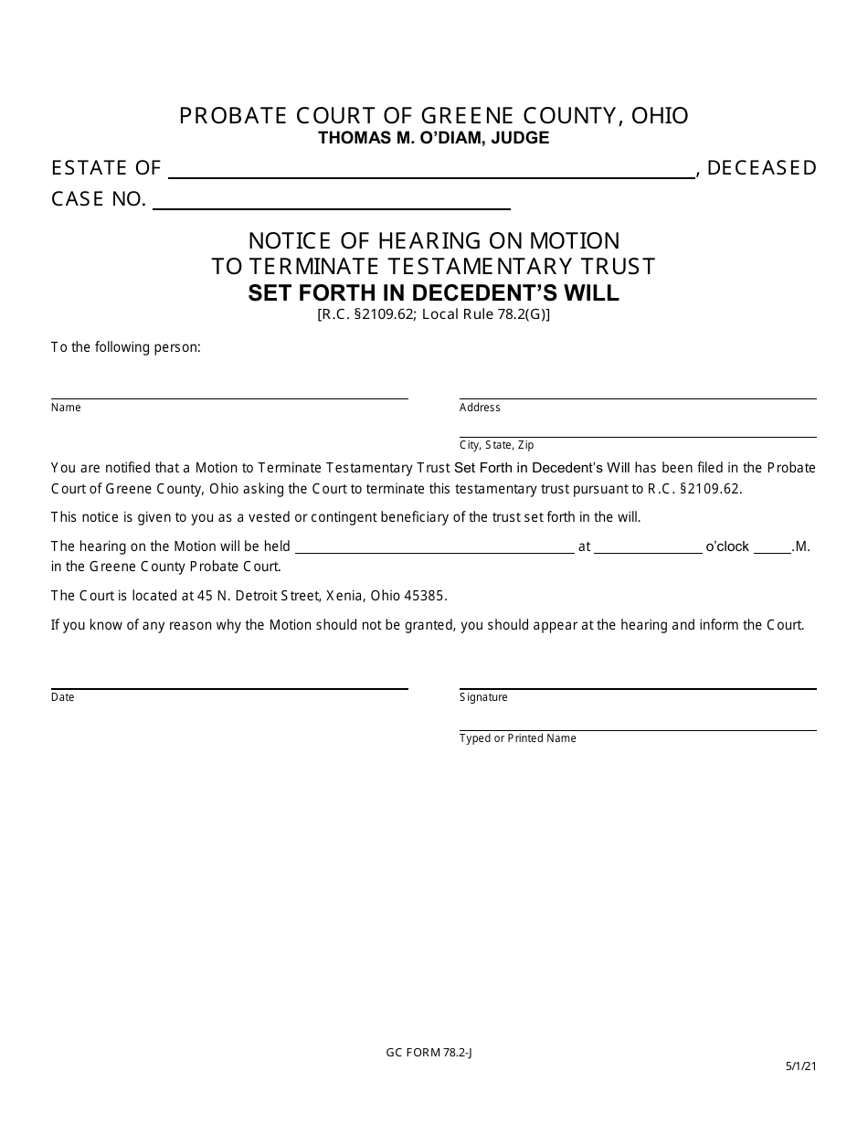 GC Form 78.2-J Notice of Hearing on Motion to Terminate Testamentary Trust Set Forth in Decedents Will - Greene County, Ohio, Page 1