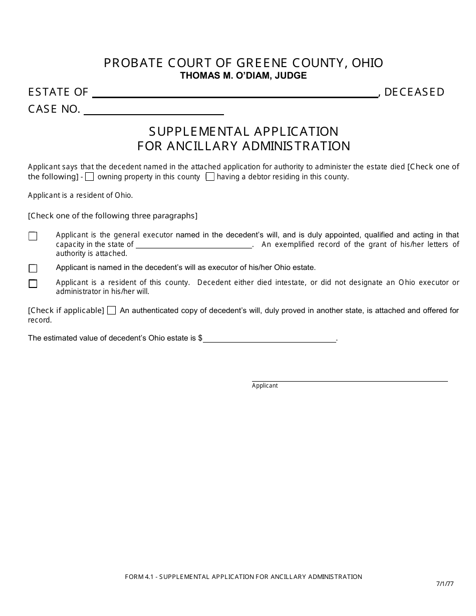 Form 4.1 Supplemental Application for Ancillary Administration - Greene County, Ohio, Page 1