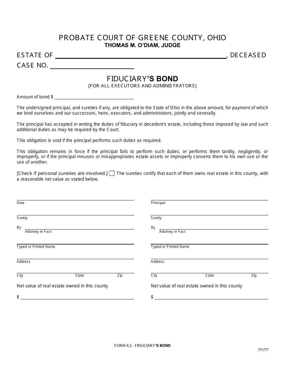 Form 4.2 Fiduciarys Bond (For All Executors and Administrators) - Greene County, Ohio, Page 1