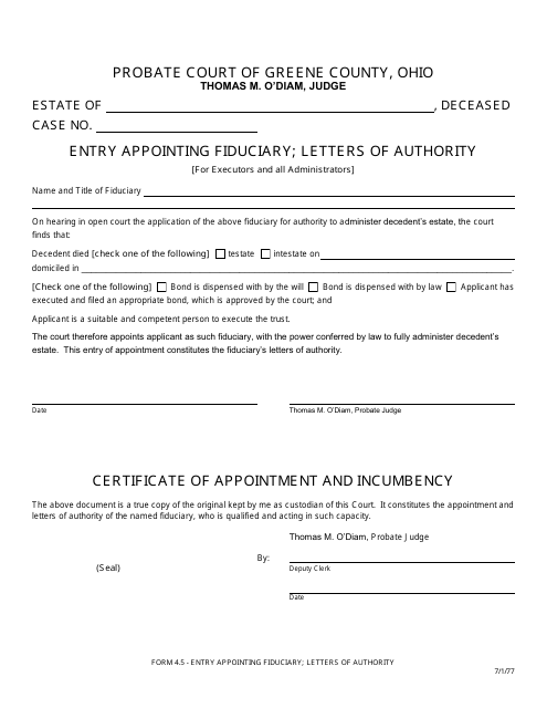 Form 4.5 Entry Appointing Fiduciary; Letters of Authority - Estate Administration - Greene County, Ohio