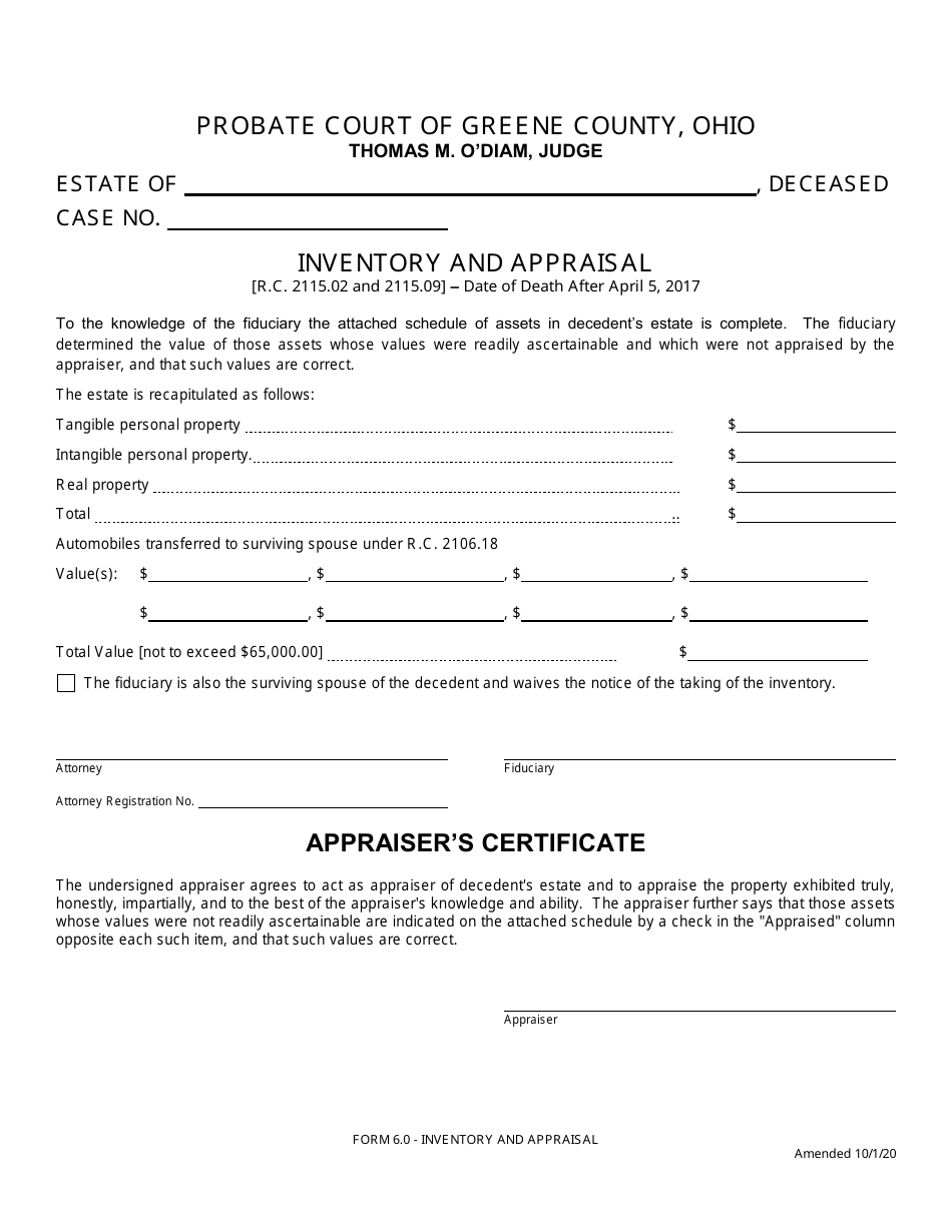 Form 6.0 Inventory and Appraisal - Date of Death After April 5, 2017 - Greene County, Ohio, Page 1