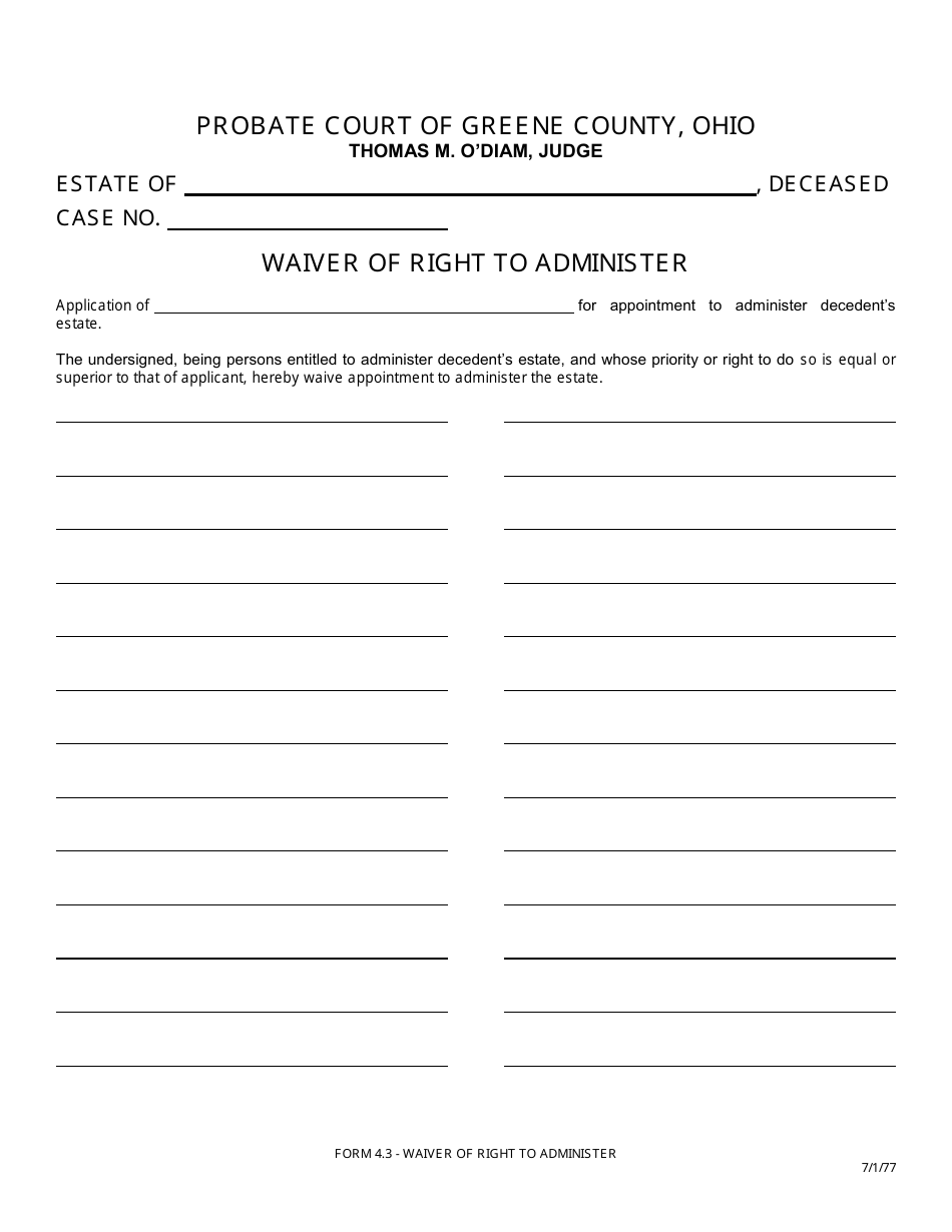 Form 4.3 Waiver of Right to Administer - Greene County, Ohio, Page 1