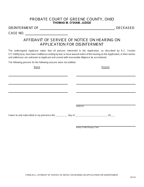 Form 25.3 Affidavit of Service of Notice on Hearing on Application for Disinterment - Greene County, Ohio