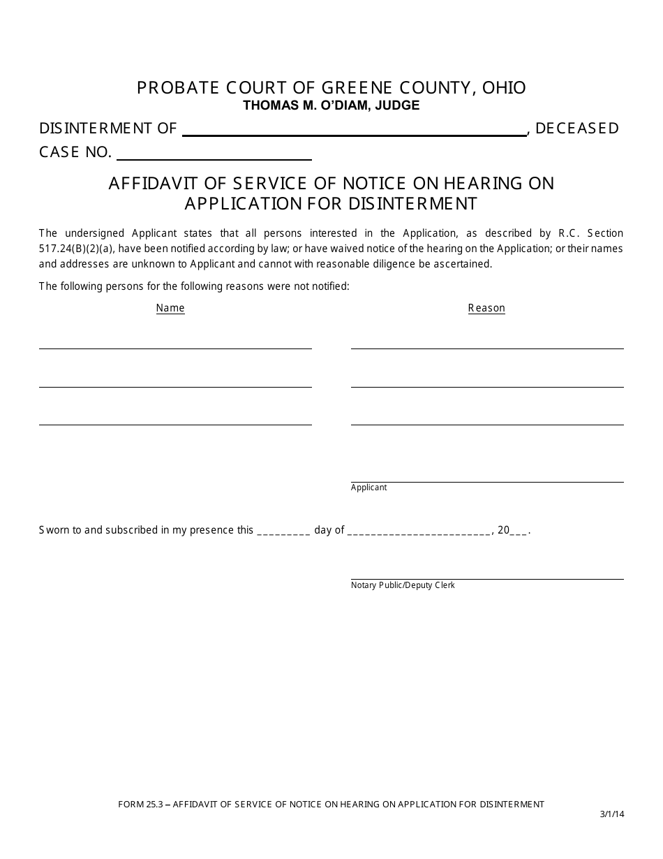 Form 25.3 Affidavit of Service of Notice on Hearing on Application for Disinterment - Greene County, Ohio, Page 1