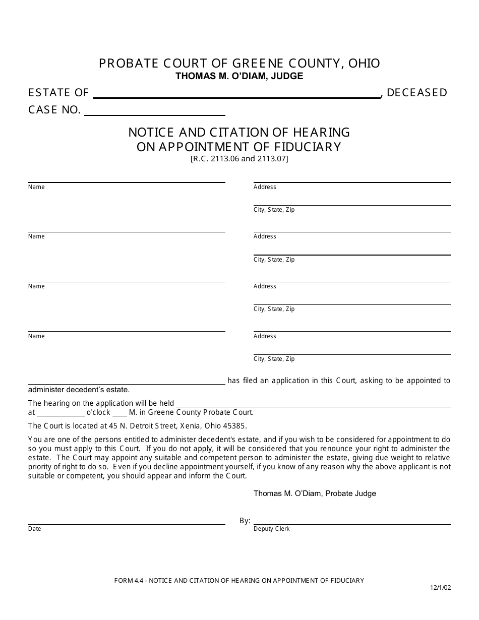 Form 4.4 Notice and Citation of Hearing on Appointment of Fiduciary - Greene County, Ohio, Page 1