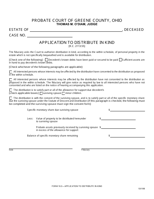 Form 10.0 Application to Distribute in Kind - Greene County, Ohio