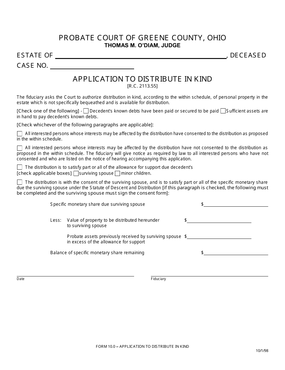 Form 10.0 Application to Distribute in Kind - Greene County, Ohio, Page 1