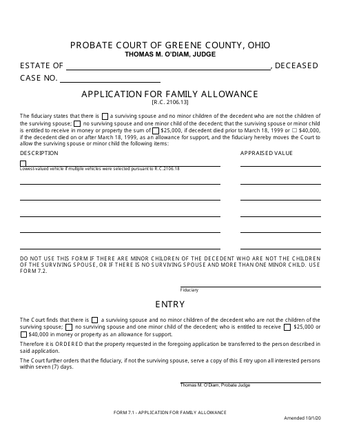 Form 7.1 Application for Family Allowance - Greene County, Ohio