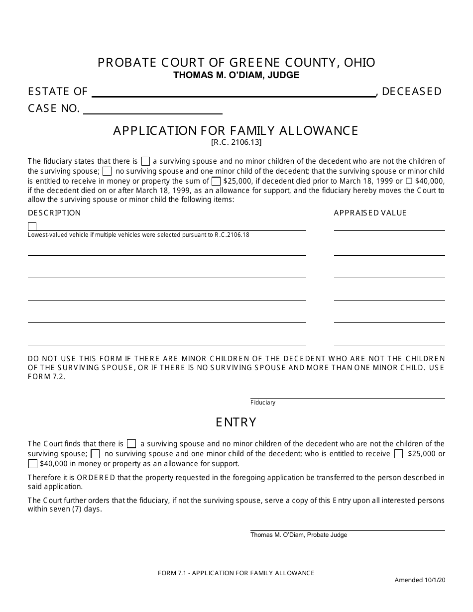 Form 7.1 Application for Family Allowance - Greene County, Ohio, Page 1