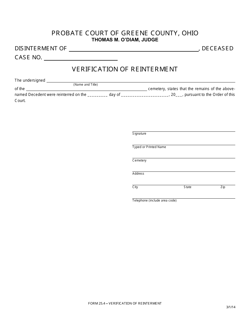 Form 25.4 Verification of Reinterment - Greene County, Ohio, Page 1